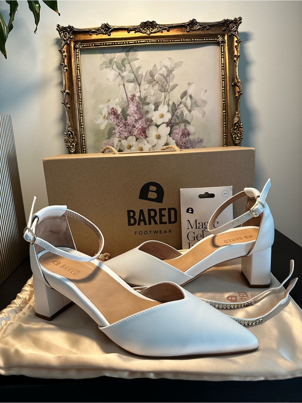Bared Footwear White Satin Comfortable Block Heel Pointed Toe Ankle Strap Pumps